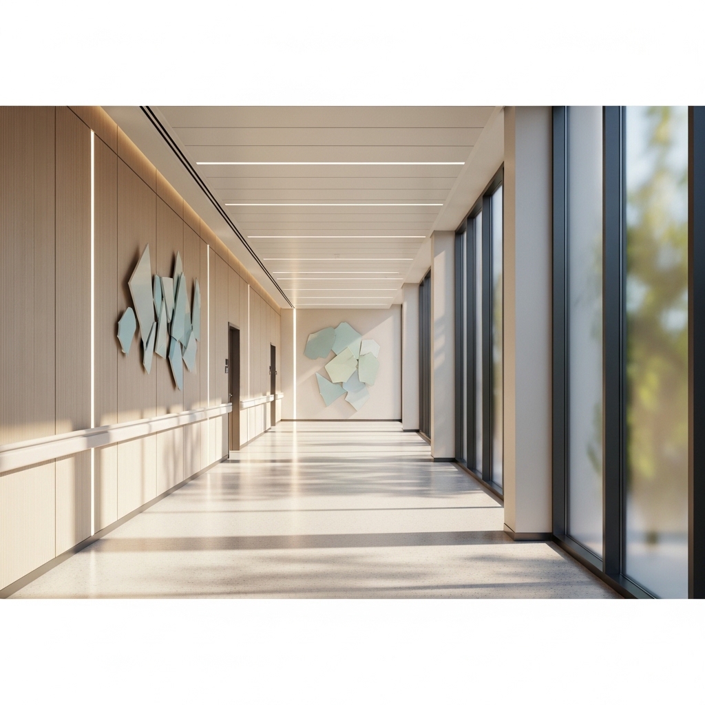 Warm, inviting hospital corridor, filled with hopeful light.